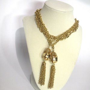 Double Chain Lariat Necklace Flapper/Boho 40-42" Gold Tone w/2 Removable Tassels